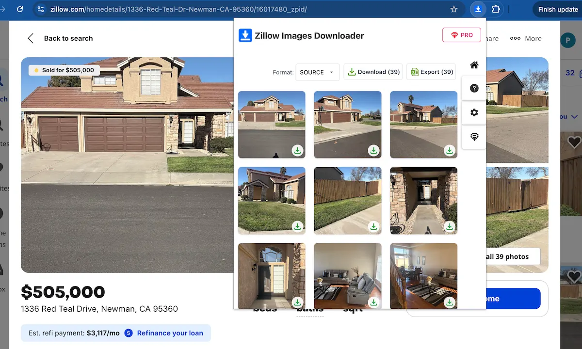Zillow Images Downloader popup detecting listing images and download buttons