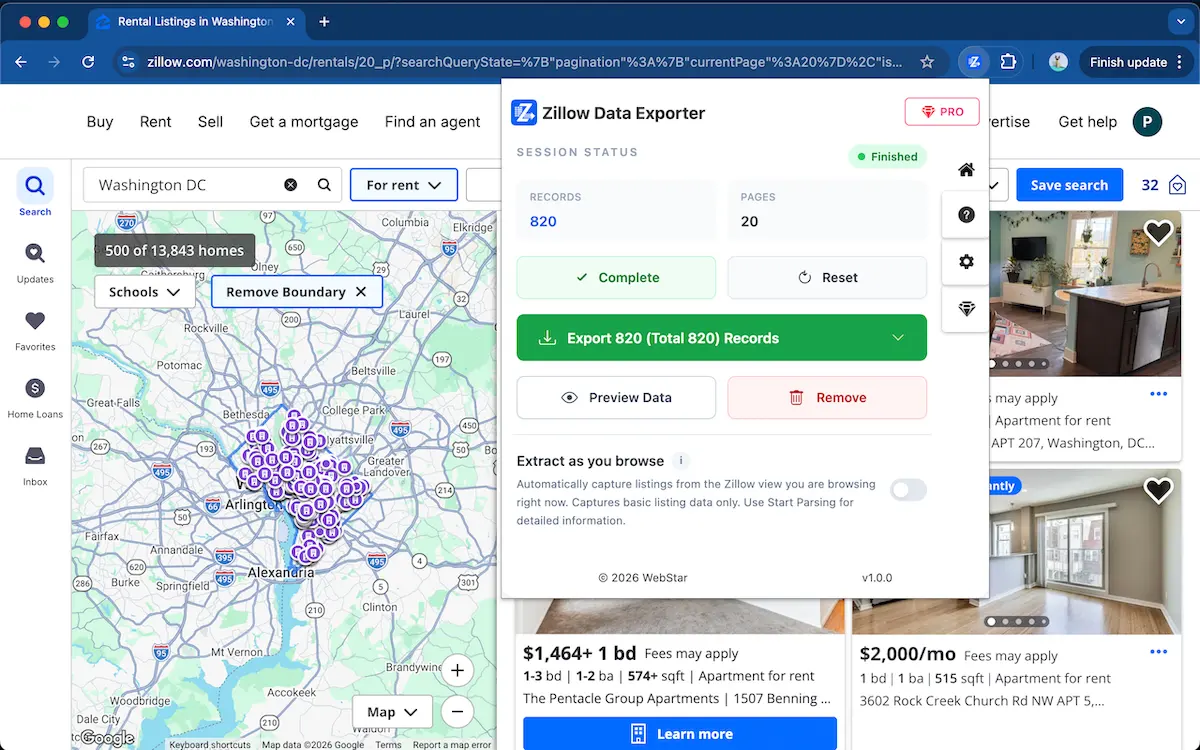 Zillow Data Exporter popup capturing Zillow search results