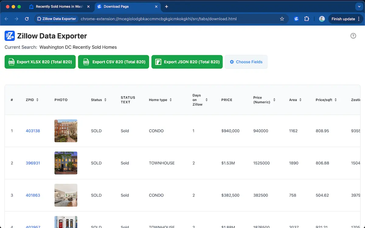 preview captured Zillow property rows before Excel export